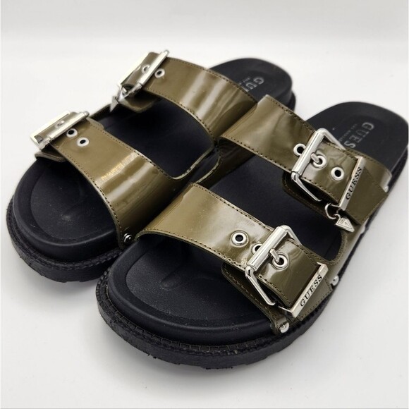 Guess Gamayas Double Strap Buckle Slide Sandals Olive Green Patent Women's 8.5 - Picture 1 of 8
